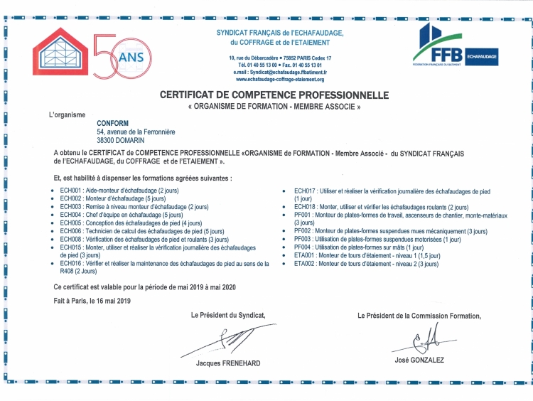 Conform adhérent du SFECE depuis 1988 Conform adhérent du SFECE depuis 1988